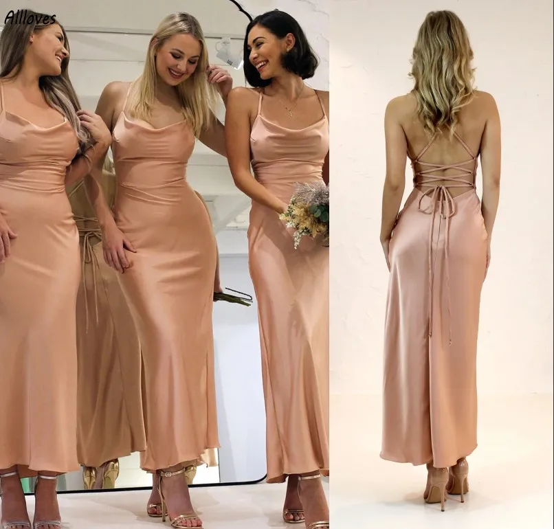 Elegant Rose Champagne Bridesmaid Dress: Sexy Halter, Lace-Up Back, Soft  Silk, Ankle Length, Plus Size Wedding Guest Maid of Honor Gown