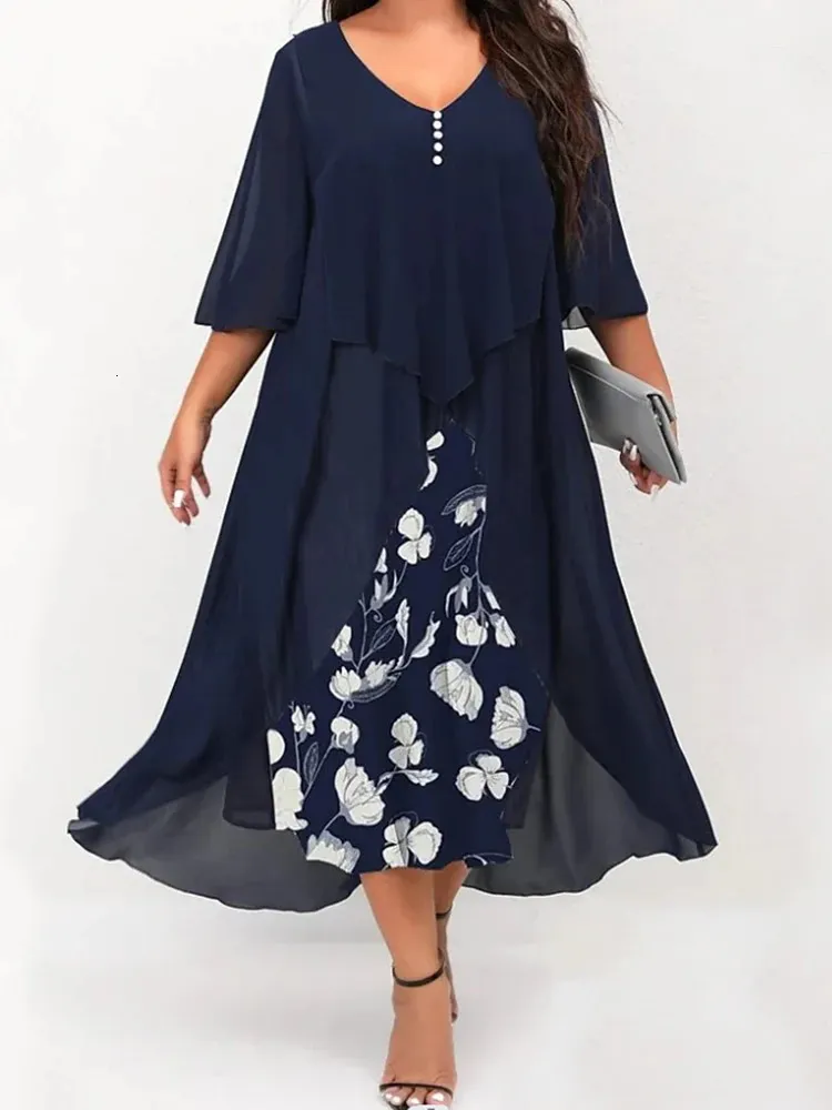 Платье больших размеров, женское летнее платье с v-образным вырезом и цветочным принтом, лоскутное платье из двух частей, 4XL 5XL, длинные макси-платья больших размеров 240228