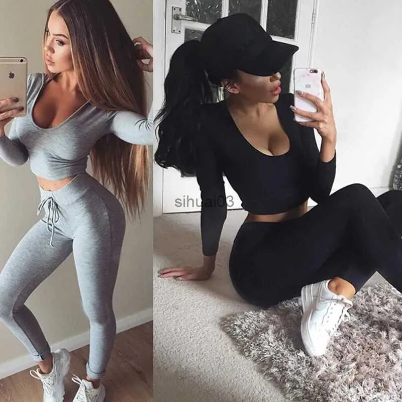 Kvinnors tvåbitar byxor Y2K Två 2 -stycken Set Women Suit Outfit Two Piece Set Crop Top Legging Sweatpants Set Crop Hoodie Set Female Pants Tracksuit