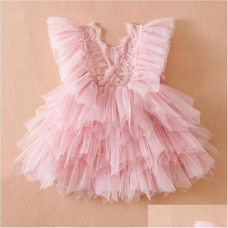 Robes de fille Robes de fille volants bébé filles robe pour l'été 1-5 ans dentelle enfant en bas âge enfants princesse fleur mariages anniversaire Tutu robe Dhx8H