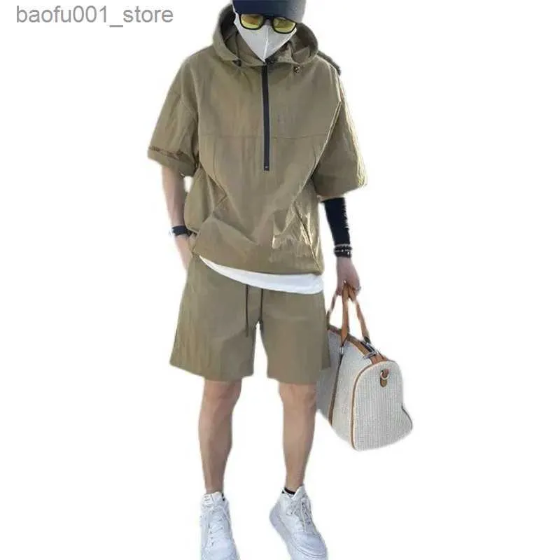 Men's Tracksuits New Mens Summer Athletic Suit 2Pcs Set Hoodie Zipper Matching Shorts Solid Goods Plus Size Casual Set 4XL Mens Clothing Q240228
