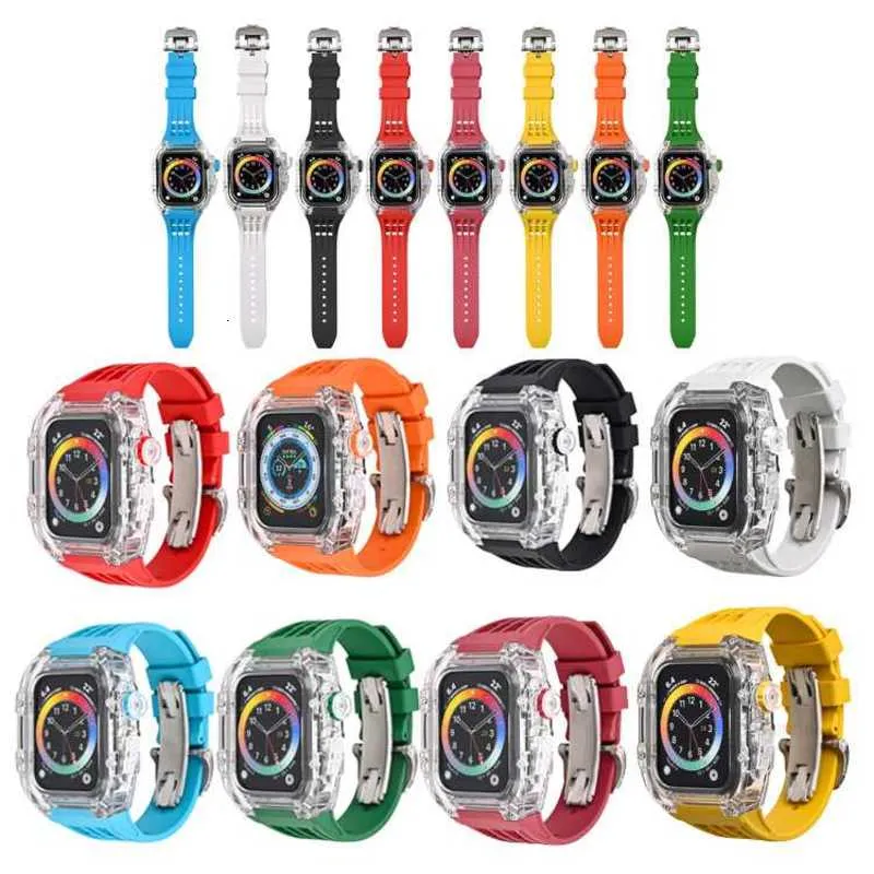 Apple Watch 44mm 45mm 수정 키트 iwatch 실리콘 밴드 및 PC Clear 케이스 디자이너 비난을위한 디자이너 고급 Fluororubber 스포츠 스트랩