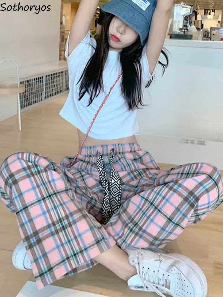 Capris Wide Leg Pants Women Chic Plaid Spring新しいデザインハイウエストシンプルな韓国スタイルのレジャーオールマッチ快適なファッションデイリーイン