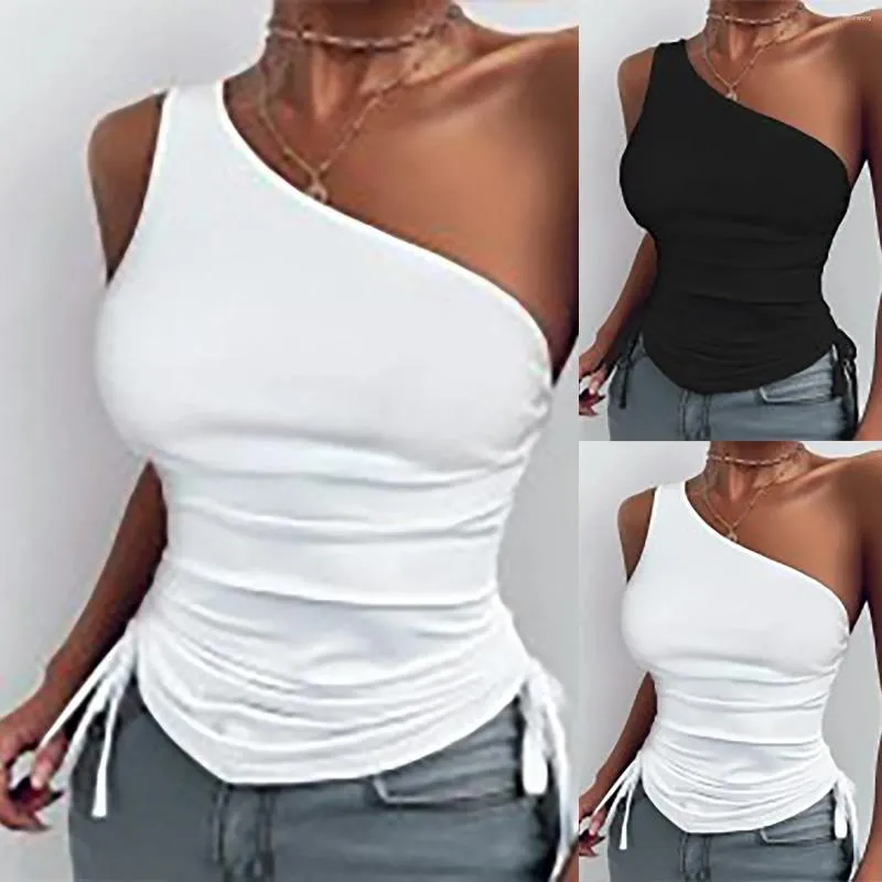 Mulheres Camisetas Mulheres Um Ombro Crop Tops Sem Mangas Backless T-shirt Blusa Sexy Slim Fit Cordão Mujer Verão Moda Roupas Senhora