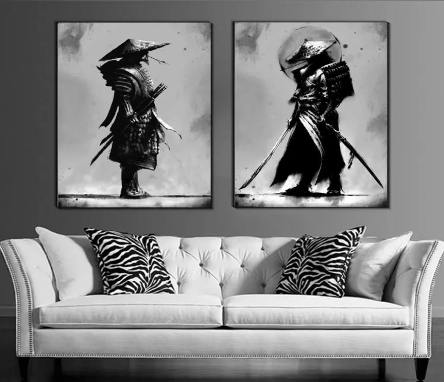 2er-Set Schwarz-Weiß-Japan-Samurai-Portrait-Wandkunst-Leinwandgemälde Japanische Krieger Wandbild-Leinwandposter für das Wohnzimmer ro9987484