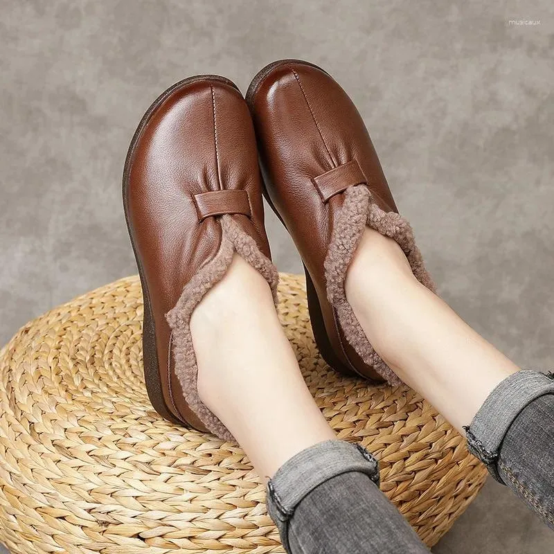 Casual Shoes Natural Sewing Genuine Leather Loafers Vintage Plush Warm Comfy Autumn Winter Women Soft Soled Flats Plus Size 41