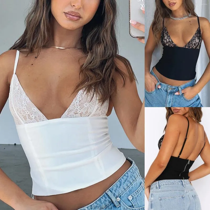 Tanques femininos Verão Spaghetti Strap Tank Top Mulheres Suspensórios Lace Malha Costura Backless Sexy Blusa Camisa Camis Crop Tops Bustier Zip Up