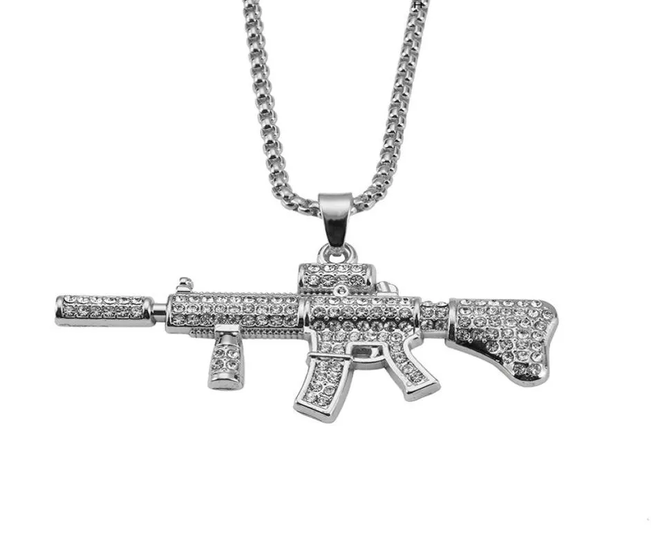 Men Cool M4 Gun Pendant Necklaces Hip Hop Punk Rock Style Full Rhinestone Fashion Mens Stainless Steel Necklace For 29 inch Chain9880169