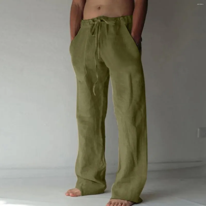 Calças masculinas de algodão linho longo verão respirável calças masculinas casual cintura elástica cânhamo