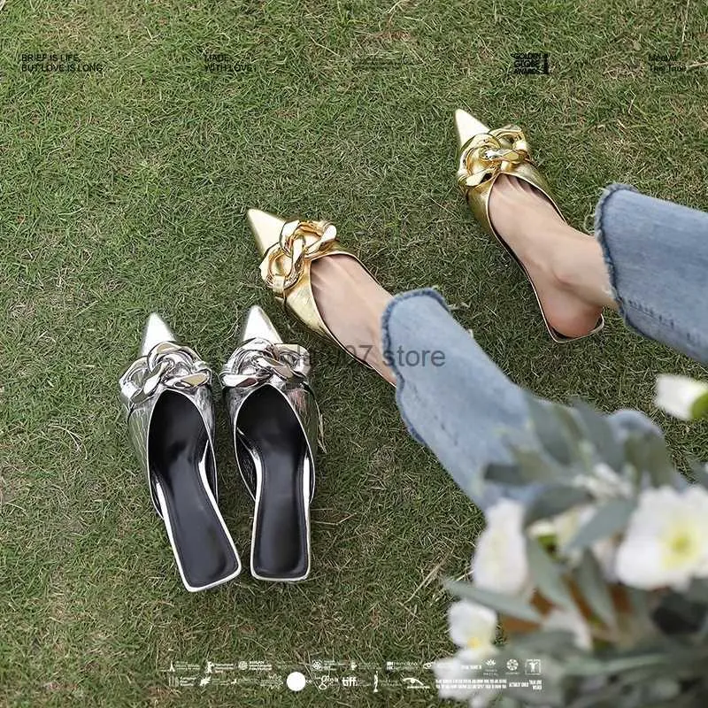 Модельные туфли Женская обувь на каблуке «котенок» цвета: золотистый, серебряный, женские туфли-лодочки с острым носком, брендовая женская обувь из коровьей кожи с цепочками talons hautsH24228
