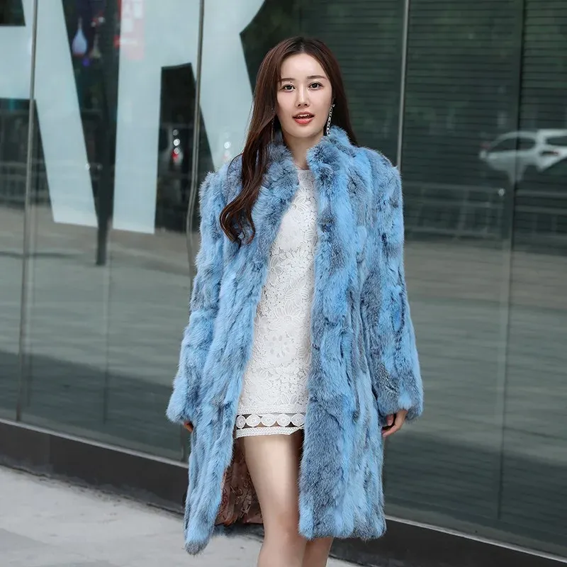 Conjuntos/fatos feminino Women Winter Rabbit Coat Ladies Stand Collar Length Warm Real Nature 100% Rabbit Fur Casat Outwear F01