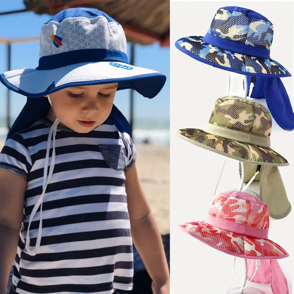 Cappelli Protezione UV Bambino Estate Safari Cappello da sole Berretto da ragazzo Bambini Panama Cappello da spiaggia unisex per bambina Cappello da pescatore con risvolto per bambini