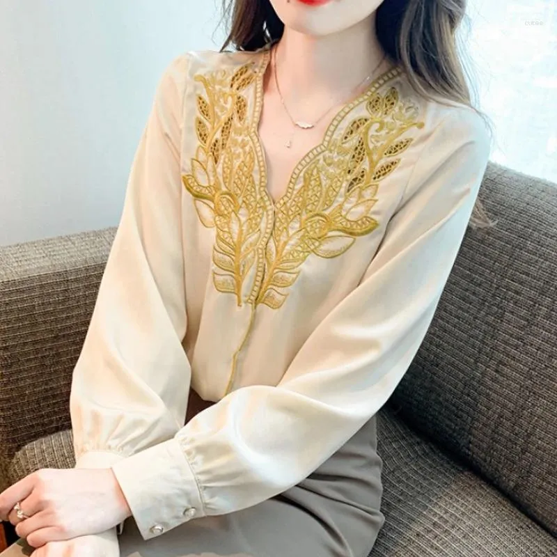 Women's Blouses Early Autumn Long Sleeve Chiffon Shirt for Women 2024 High-grade Temperament V-neck Hine Embroidery and Top Blusa
