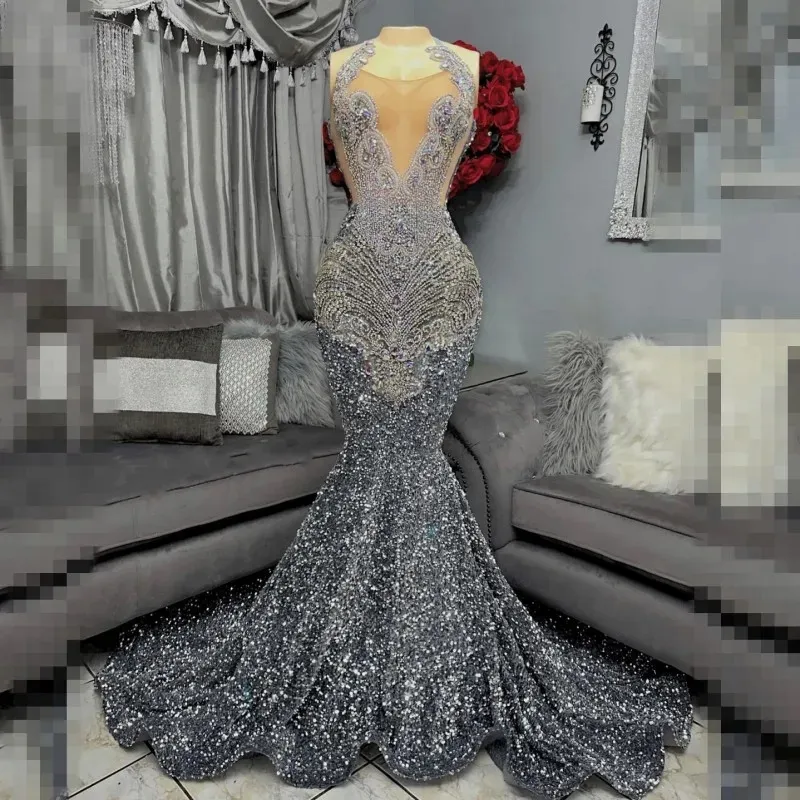 Siyah kızlar için sier balo elbiseleri 2024 rhinestone pullu denizkızı parti önlükleri gece elbisesi vestidos de festa