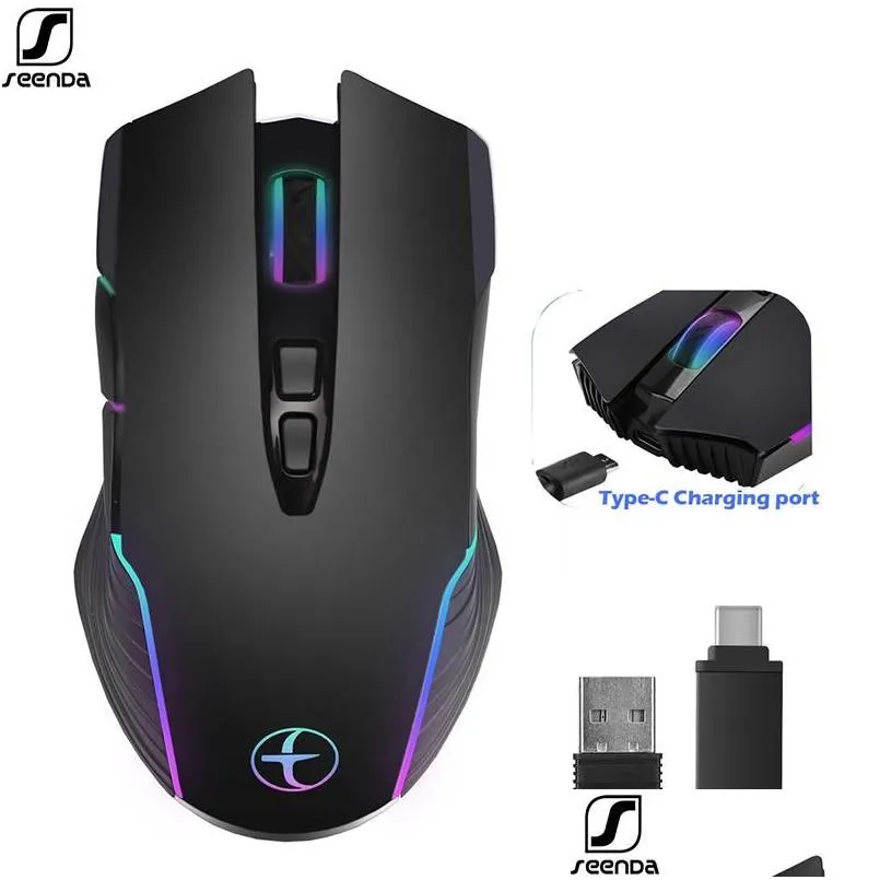 Souris Seenda USBC Souris de jeu sans fil LED RVB rétro-éclairé rechargeable Typec Mause pour livre ordinateur portable PC Gamer Drop Delivery Comput Ott9O