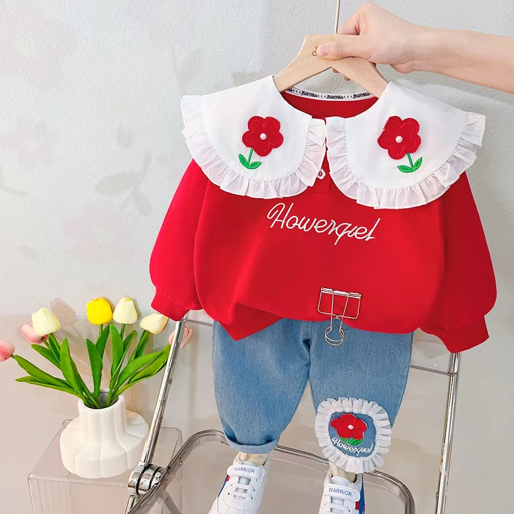 Pantskirt Baby Girls 의류 세트 2023 Spring Kids Lace Floral T 셔츠 청바지 2 PCS 정장 유아 캐주얼 옷 의상 어린이 의상