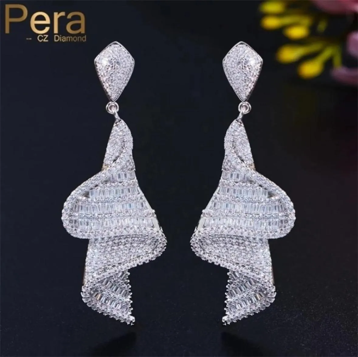 Pera Elegant Sparkling White CZ Crystal Topaz Real 925 Silver Long Geometry Dangle Drop Wedding Party Earrings for Brides E636 2204540558