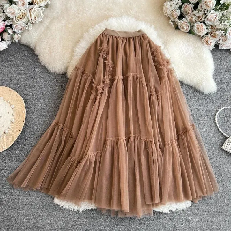 Skirts Fashion Gauze For Women Patchwork A-line Solid Color Women's Clothing Korean Style High Waist Skirt Autumn Drop