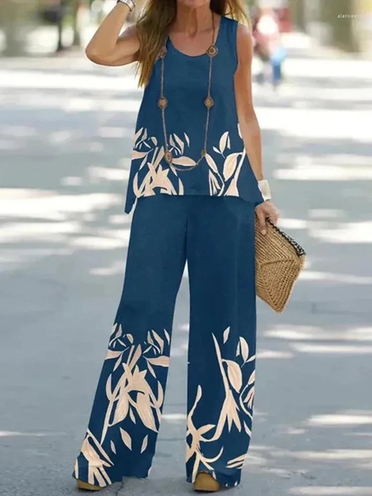 Women's Two Piece Pants Casual Print Set Summer 2 Outfit Female Elegant O Neck Vest Top Pocket Trousers Suit Office Sets 2024