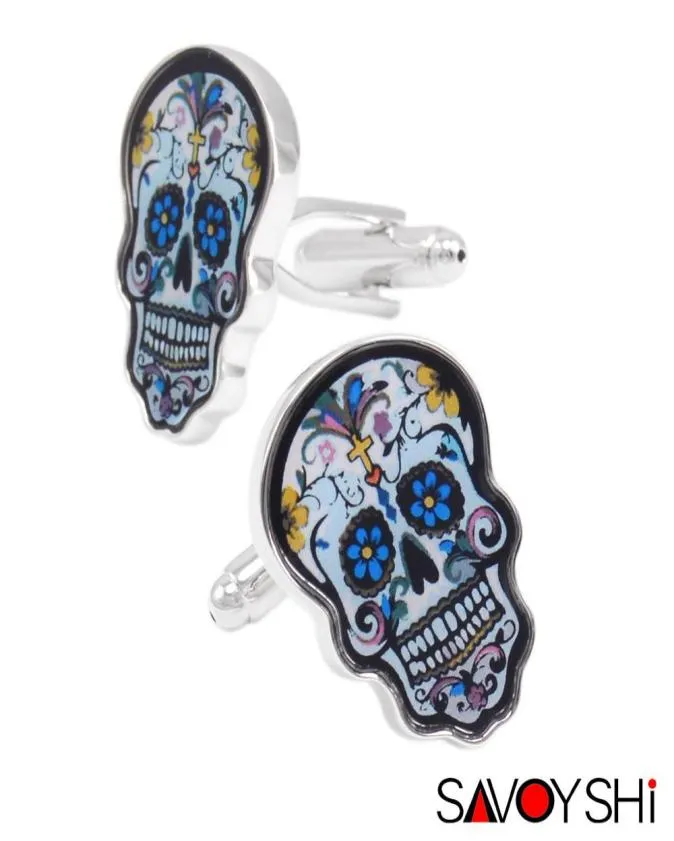 Novedad, gemelos de calavera coloridos para camisas de hombre, accesorios para puños, gemelos pintados de alta calidad, esmalte SAVOYSHI, marca entera J7648507