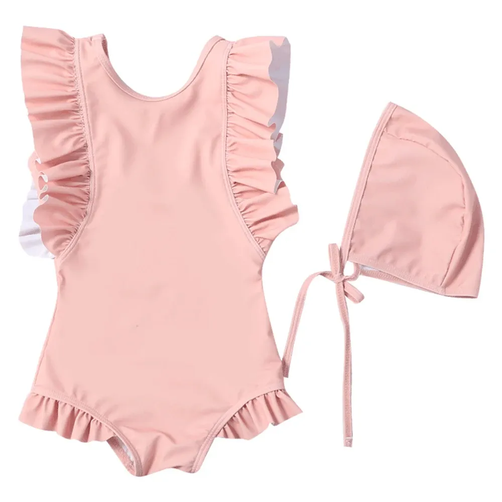 Happyflute 08Y Kinder-Badeanzug im Rüschenstil, einfarbig, für Babys, modisches Prinzessin-Schwimmkleid mit Hut