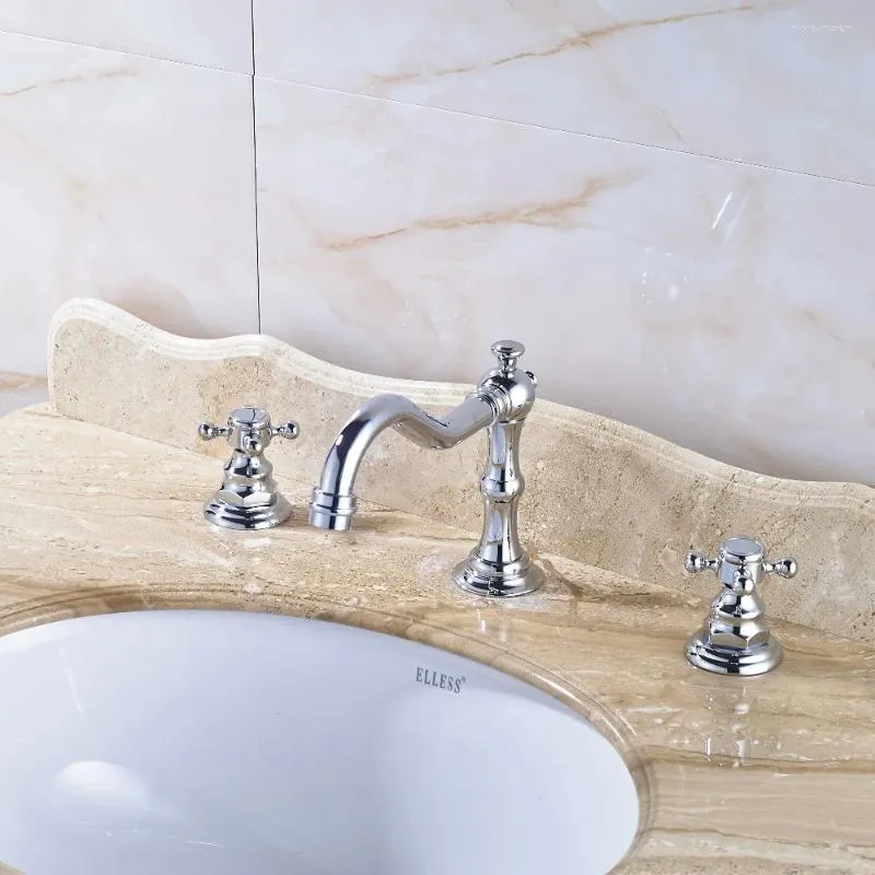 Bathroom Sink Faucets Vessel Spout Chrome Polish Faucet Dual Handles Three Holes 8"