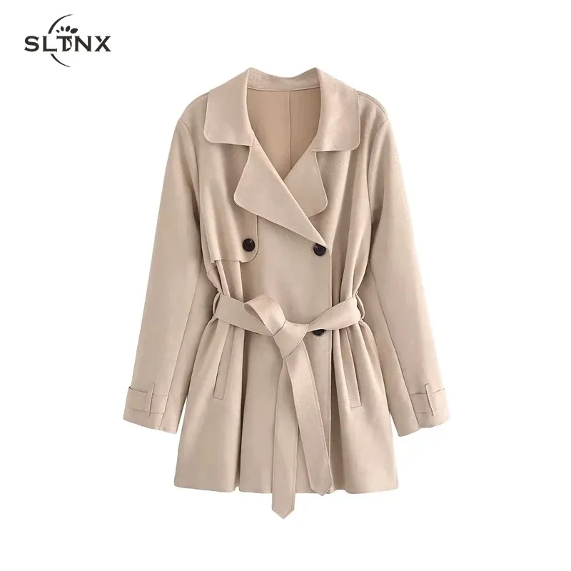 Jaquetas sltnx moda feminina trench coat para mulher 2023 bege com cintos blusão senhoras chique doublebreasted trench novo casaco