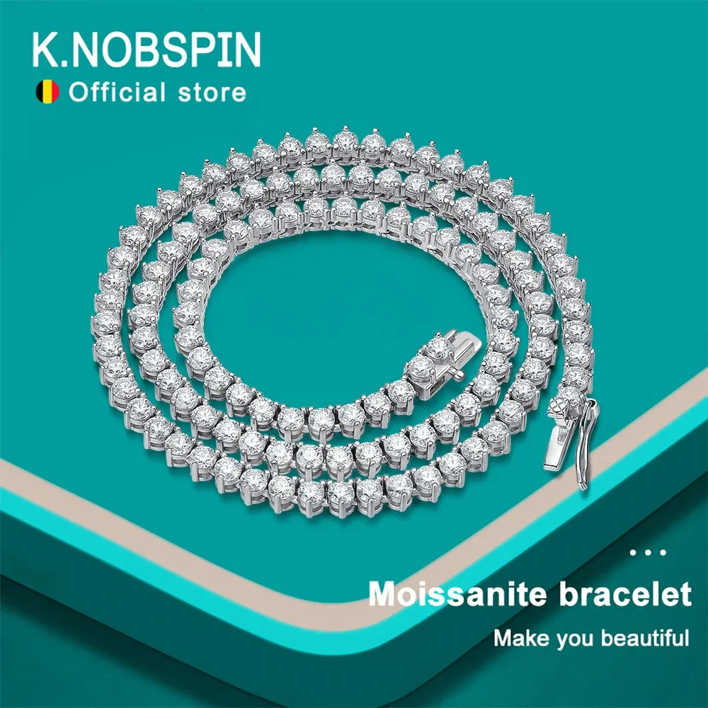 Knobspin 3 Claw D VVS1 Tennis Necklace 925 Sterling Silver Plated 18K White Gold med Gra Fine Necklace for Women Man 240226