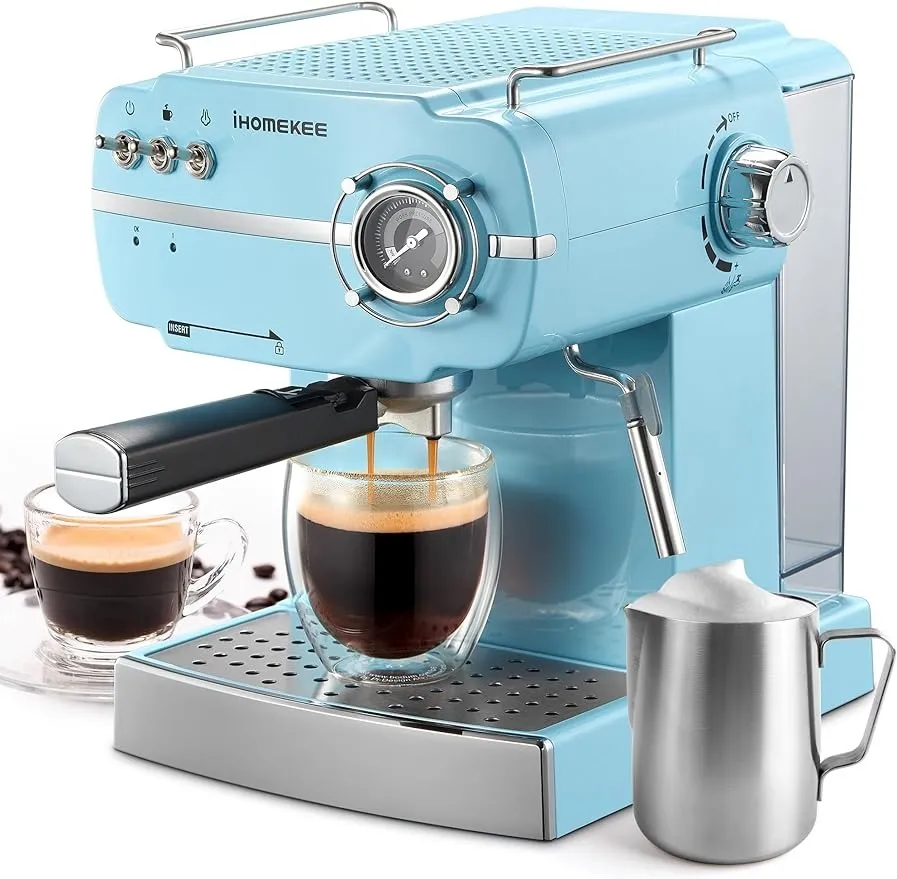 Ihomekee Espresso Machine, Retro Style Espresso Coffee Maker with Fast Heating Automatic, Latte & Cappuccino Maker with Milk Frother Steam Wand, Pressure Gage, Aqua