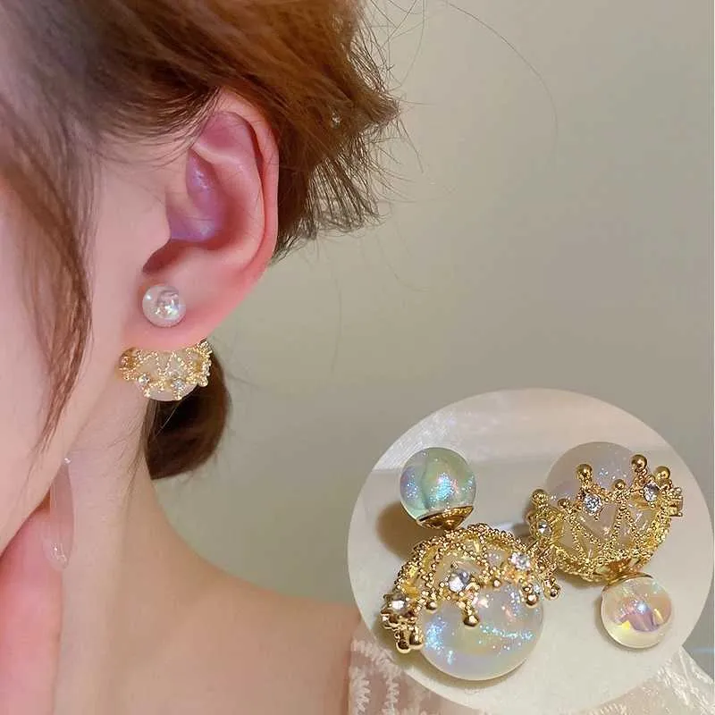 Earrings New Elegant Two-sided Pearl Ear Stud Earrings for Women Luxury Baroque Pearls Crystal Ball Earring Wedding Party Jewelry Gifts 230831