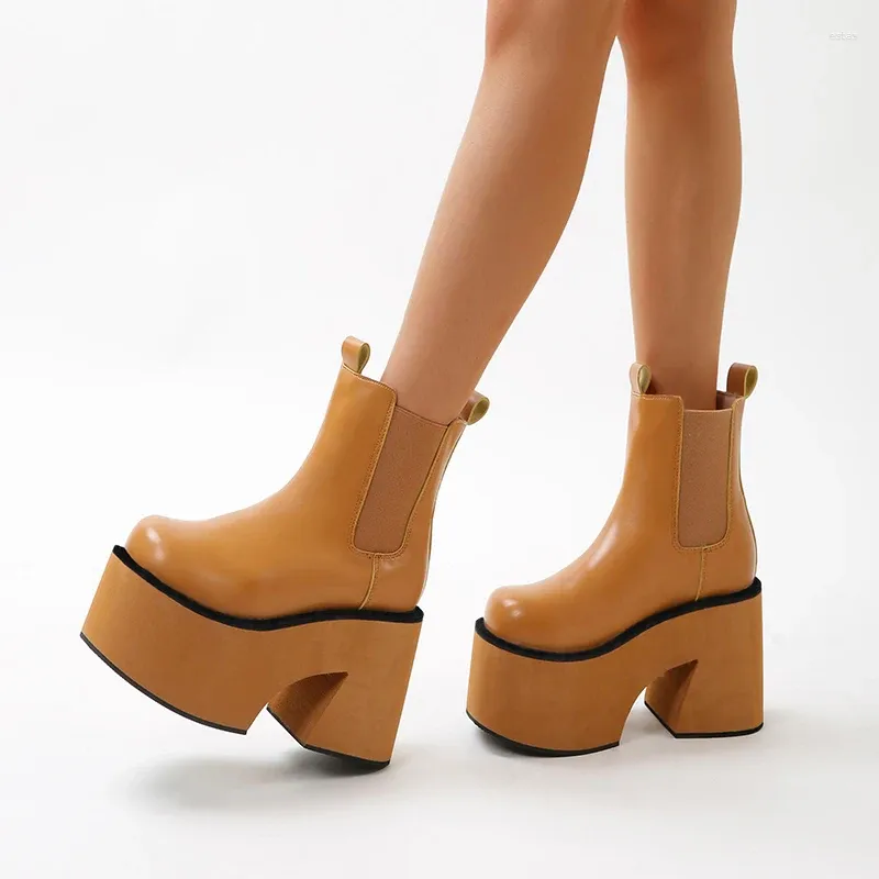 Bottines à plateforme en cuir PU pour femmes, bout rond, couleur unie, bottines courtes, taille Simple 35-43, chaussures à talons hauts épais à la cheville