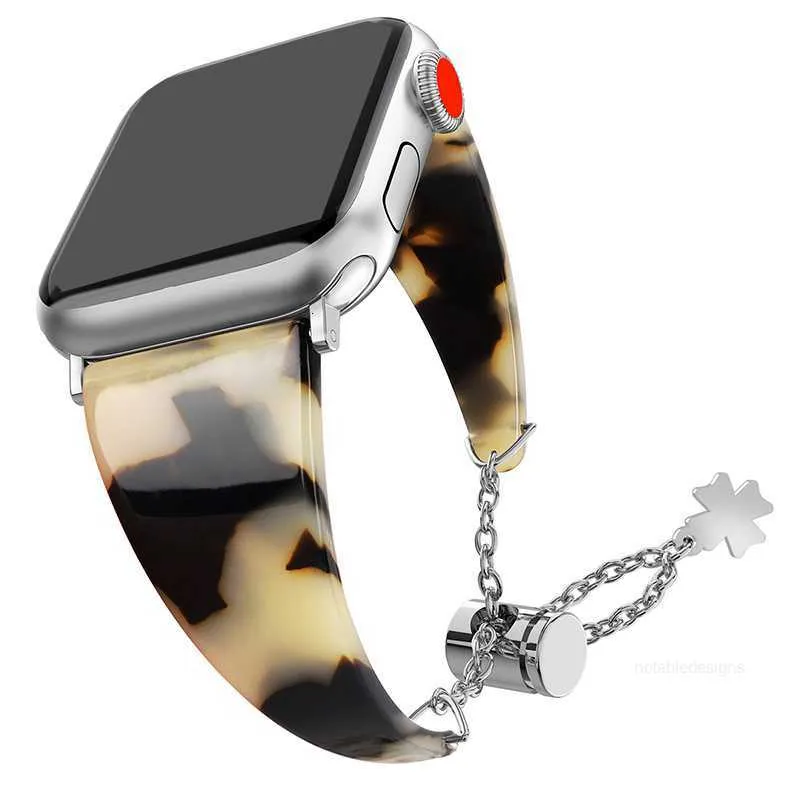 Designer Resin Bracelet Strap For Apple Watch Series 7 Se 6 5 4 Women Tortoise Shell Wristband iwatch Band 41mm 45mm 44mm 42mm 40mm 38mm Watchband With Pendant Chain Acc