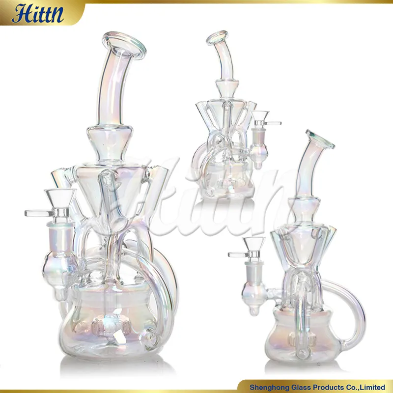 Recycler Dab Rig Glass Bong Water Pipe Recycler Bong 9,5 polegadas 14mm Joint Holographic Rainbow Showerhead Perc Water Bong para fumar 2024 Novo