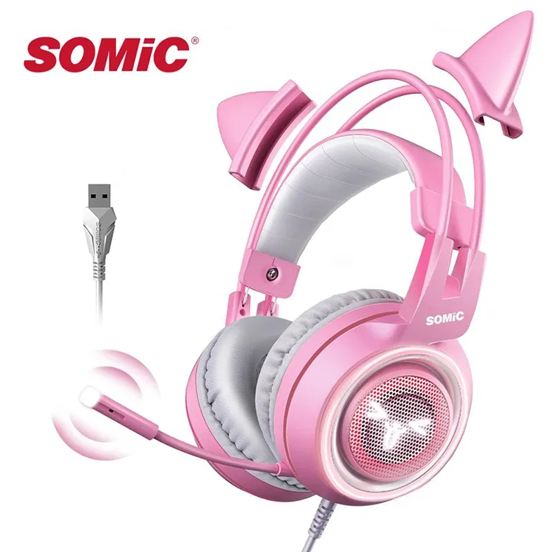 Headphone/Headset SOMIC Pink Kitten Gaming Headset ASMR Buff Vibration LED Flash Light EGirl Wired Headphone for PS5/PS4/PC/Laptop/Computer G951