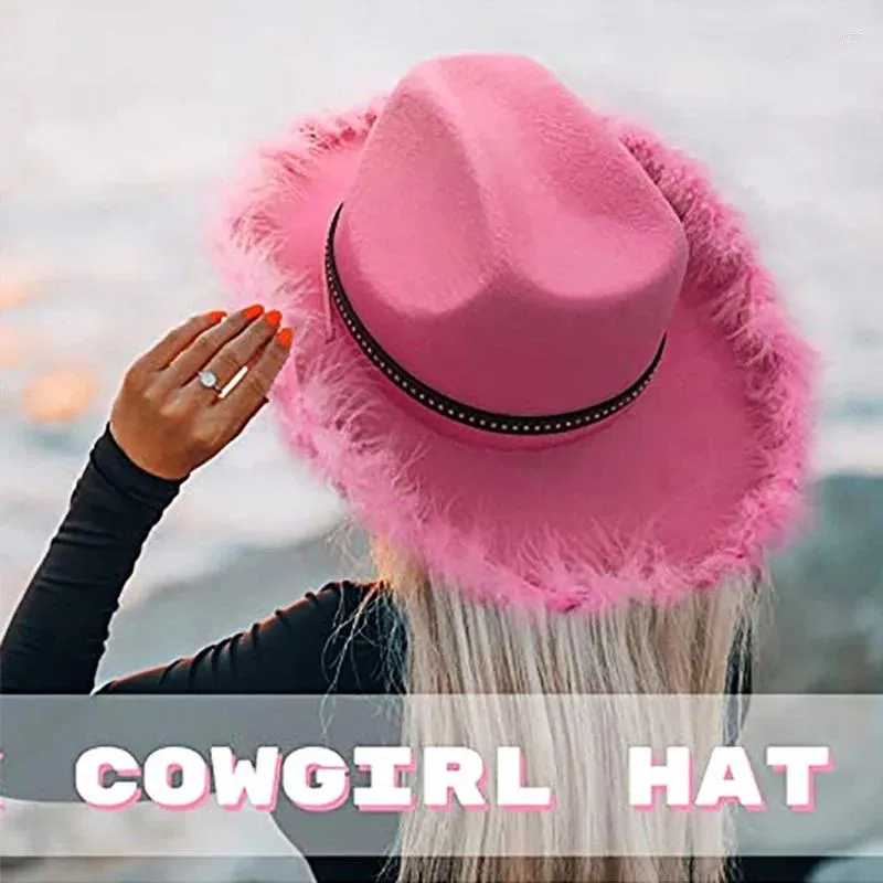 Berets Women Western Cowgirl Hat Wide Brim Fedora With Feather Trim Bachelor Party Accessories For Wear