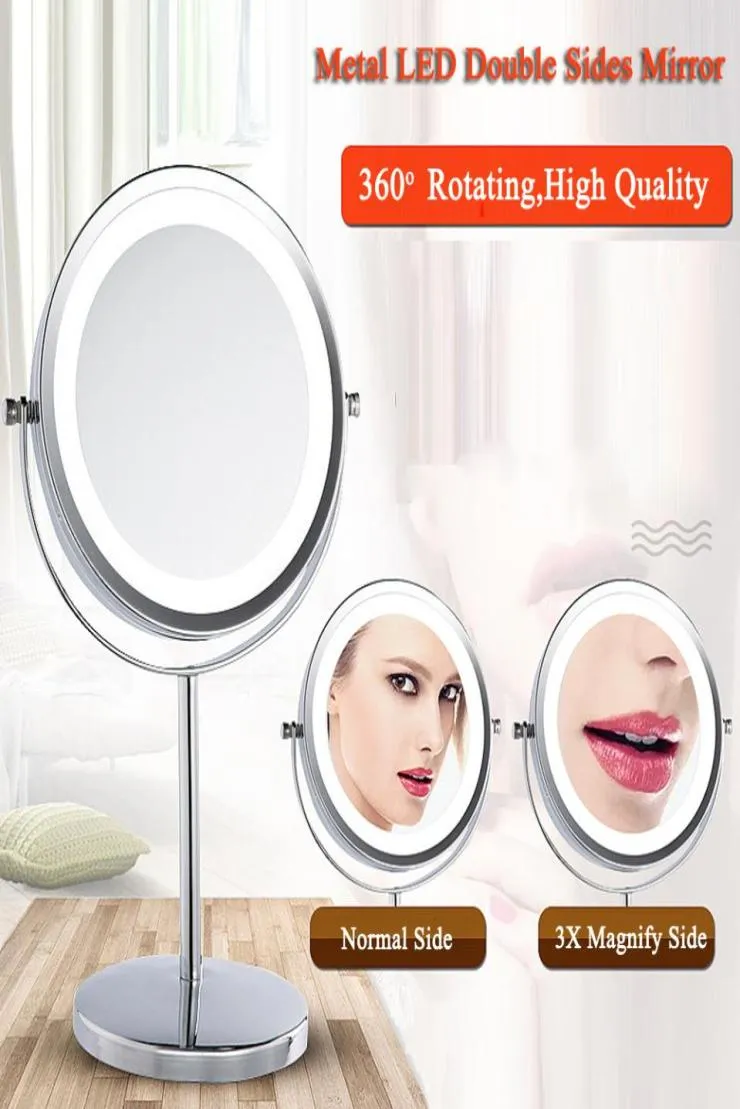 Fin metallram runda 360 grader roterande lysdator makeup speglar skrivbord smink spegel dubbel sidor förstorar spegel 6inch7inch9510417