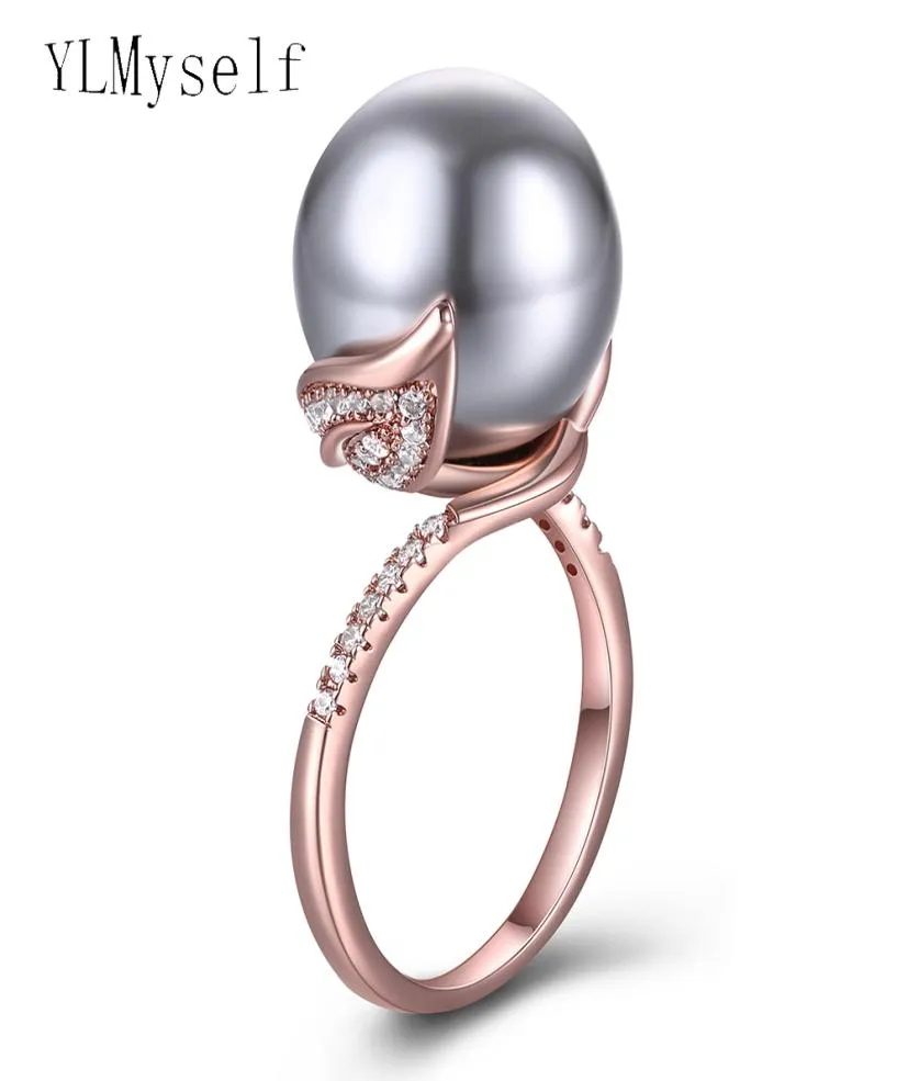 Drop Rose Gold White Ring med stora grå pärlsmycken Vackra bladsmycken årsdagen gåva till mamma ringar3910405