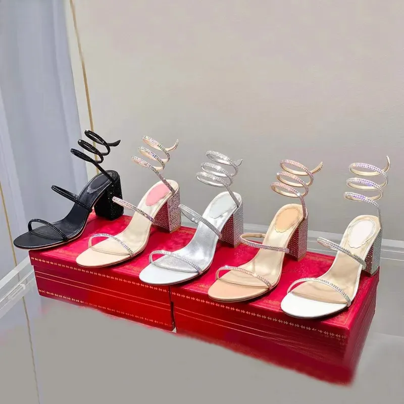 Sandalias de tacón alto decorativas con diamantes de imitación, zapatos de vestir de noche negros de 75 mm, zapatos de vestir envolventes de diseñador de lujo gruesos para mujer, zapatos de fábrica