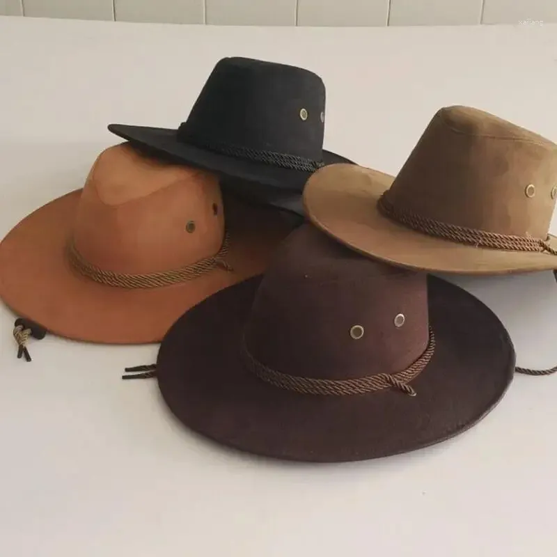 Boinas Western Men Rider Hat Deerskin Fleece Cool Sun Cowboy Sand Skin Accesorios a prueba de viento Cuerda grande Decoración de color sólido