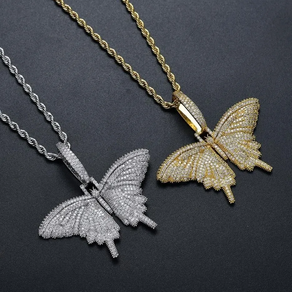 Iced Out Animal butterfly Bling Cubic Zircon Pendant Necklace With Cuban Chain Gold Silver Men Women Hip hop Rock Jewelry244o