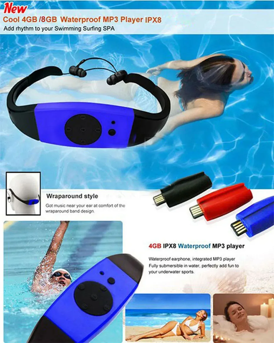 Spelare 003 4GB/8GB Vattentät IPX8 Dykning Simning Surfing MP3 Player Headset Music Player