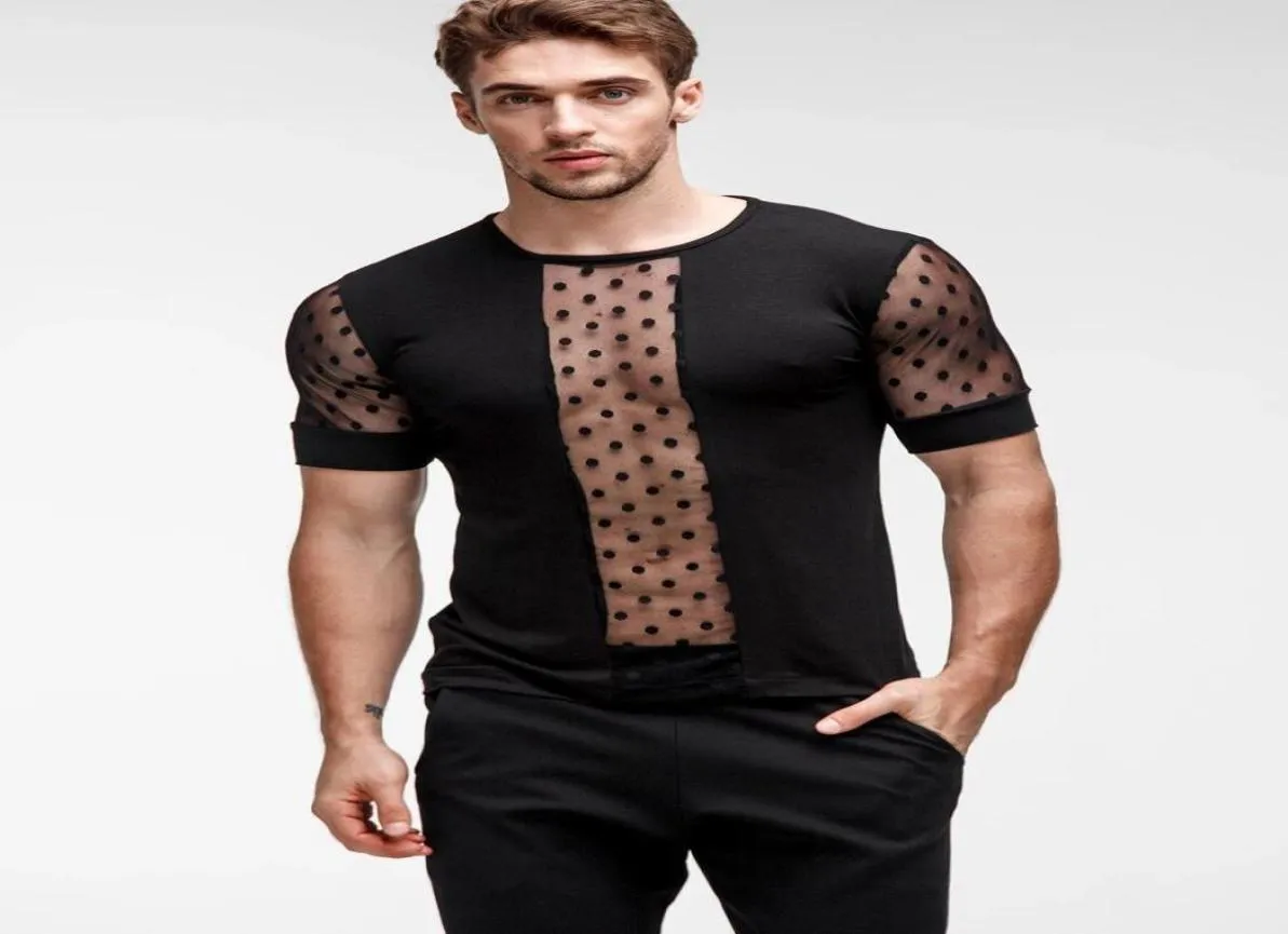 Sexy See Through Men T Shirts Summer krótkiego rękawu kropki koszulki koronkowe siatka szczupła tees47943134713719