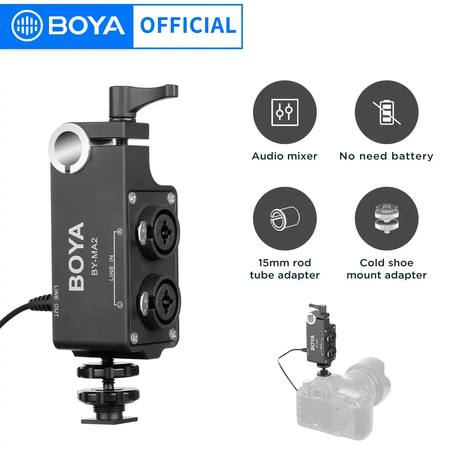 アクセサリーBoya byma2 dualchannelレコードオーディオミキサーxlrジャック6.5mmから3.5mm dslrカメラ用ワイヤレスマイクシステム