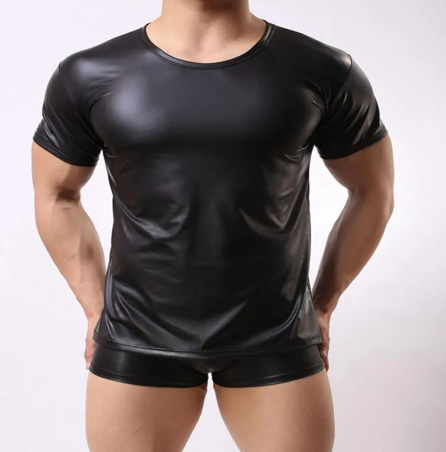 Men039s TShirts Men Patent Leather Short Sleeve T Shirts PU Sexy Fitness Tops Gay Latex Tshirt Stage Tee Party Clubwear7041206