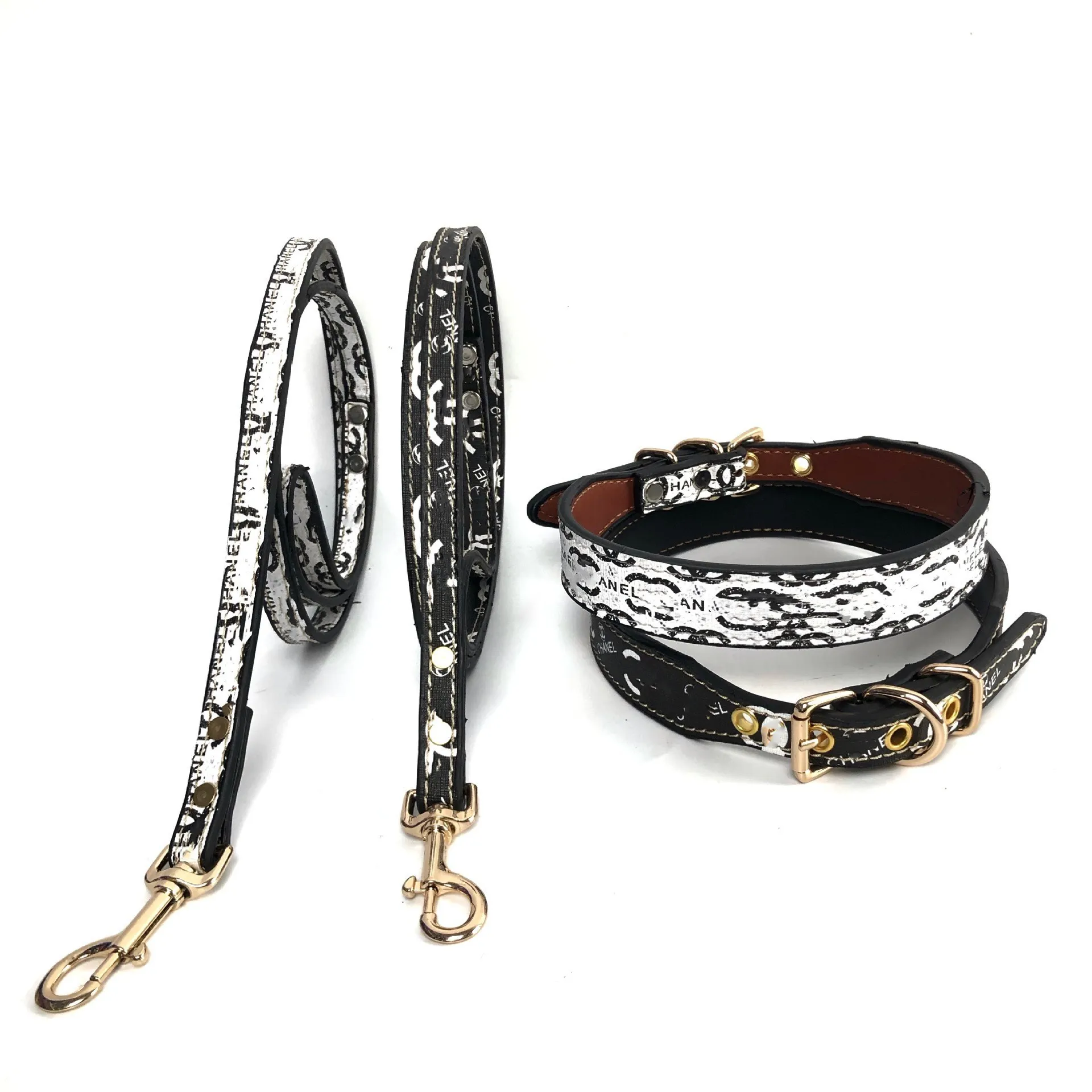 Designer dog collar traction rope black and white classic logo print leather dog cat pet Leashes collar Adjustable collar luxury dog walking tool