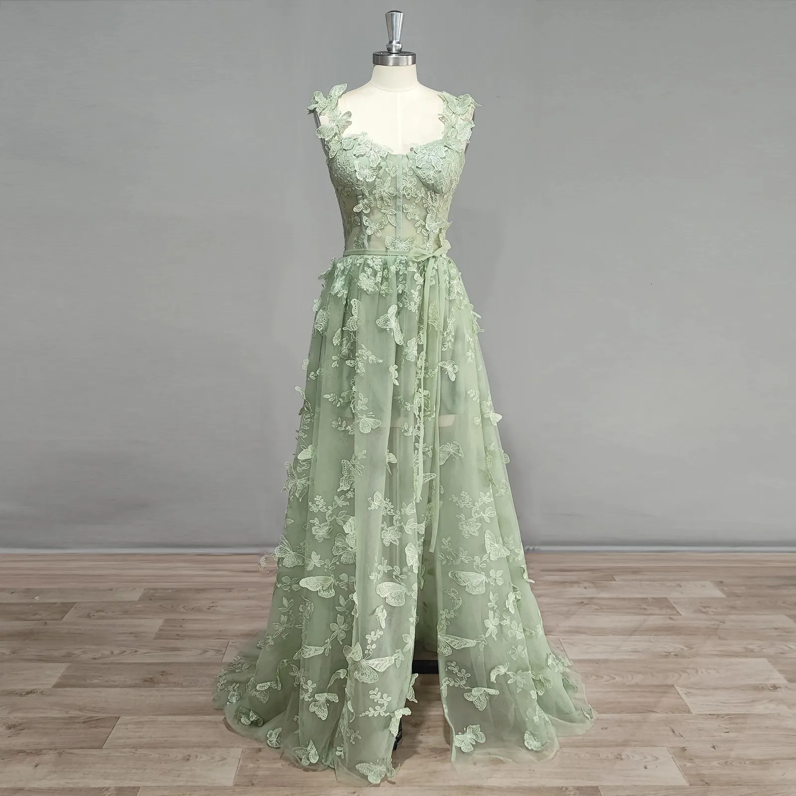 DIDEYTTAWL Real Pos 3D Butterflies Sage Green Tulle Prom Dress 2024 Sweetheart A Line High Slit Fairy Evening Gown 240227