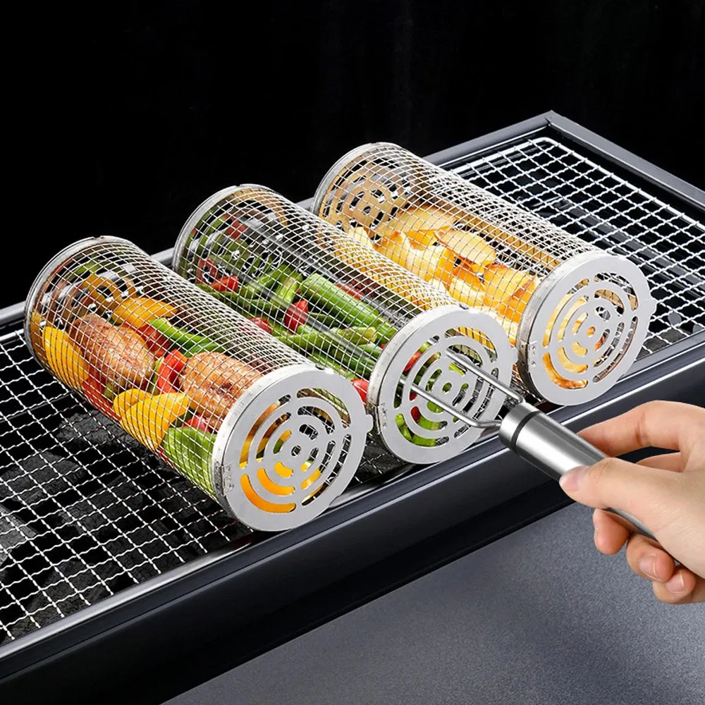 Rolling BBQ Cage Outdoor Grill Basket 304 Tool Duit Duit Duit غير القابل للصدأ مجموعة إكسسوارات المطبخ 240223