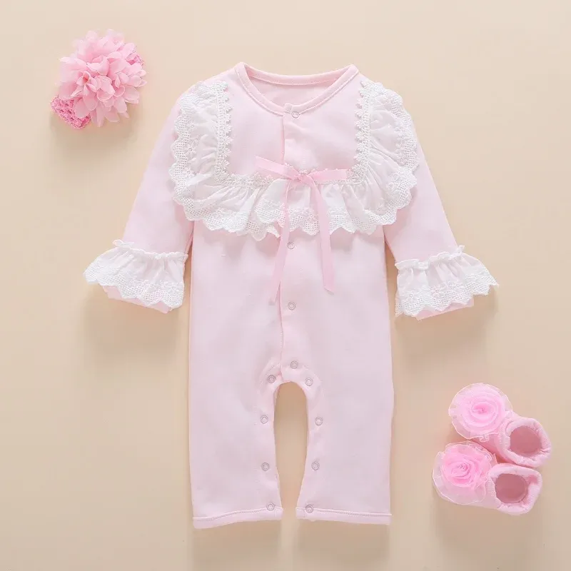 Socks Newborn Baby Girl Clothes Fall Cotton Lace Princess Style Baby Jumpsuit Infant Romper With Socks Headband ropa bebe childOutfit