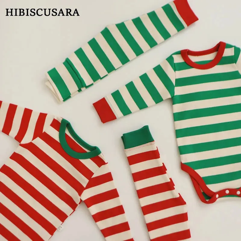 Puro algodão bebê pijamas conjuntos vermelho verde listrado infantil menino menina pijamas macacão calças 2 pçs conjuntos longos johns para o ano de natal 240219
