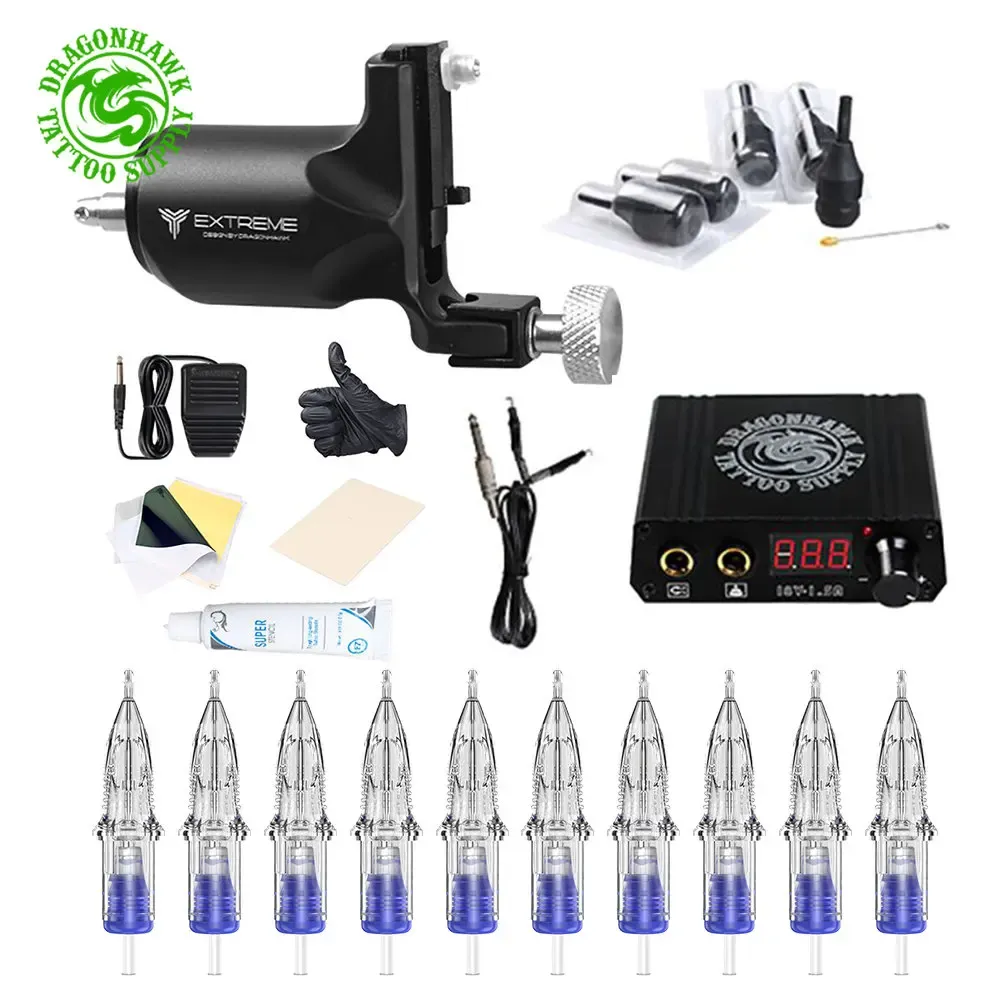 Guns Professionele Dragonhawk Extreme Tattoo Rotary Hine Tattoo Kit LCD Power Naalden Set Tattoo Supplies